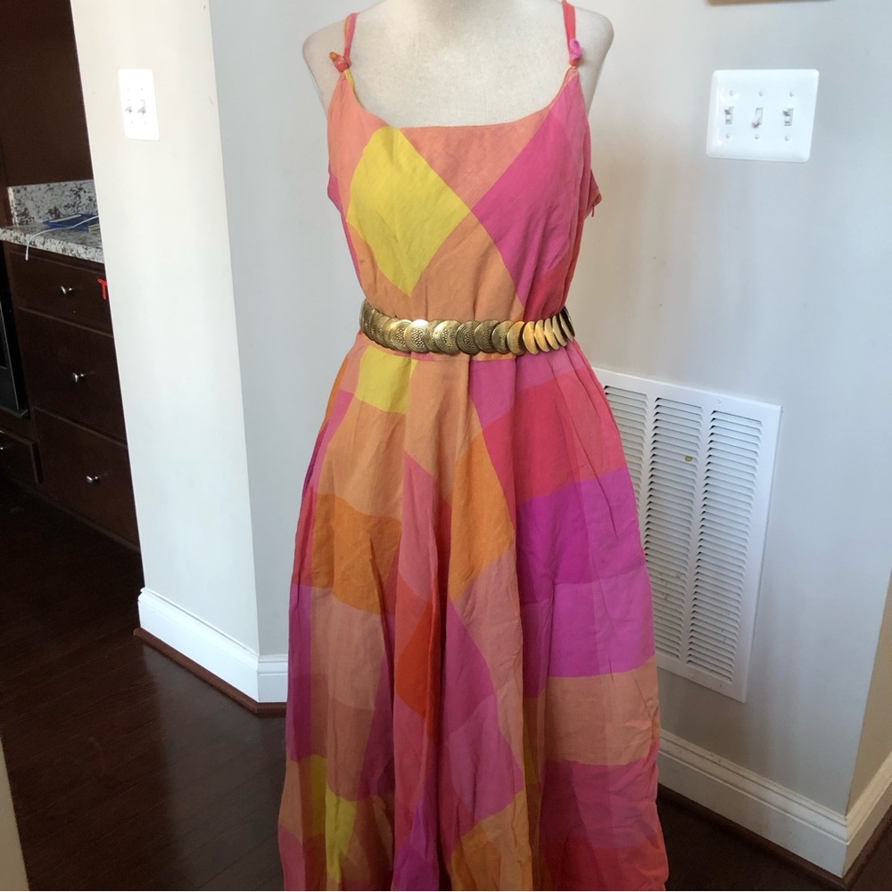 Vintage Large Plaid Checkered Full Skirt Linen Blend Dress